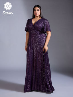 Twenty Dresses by Nykaa Fashion - Curve Party Purple Sequin V Neck Flared Sleeves Wrap Gown