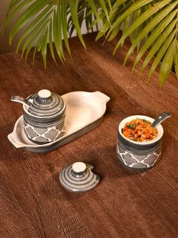 Unravel India - Ceramic Pickle Jar with Spoons & Tray (Set Of 2)