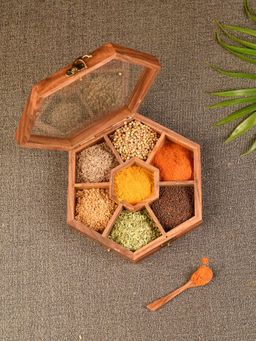 Unravel India - Wooden Masala Dani Spice Box with Spoon
