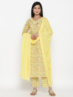 PINKVILLE JAIPUR - Yellow Floral Printed Kurta-Pants-dupatta (Set of 3)