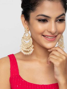 Indya - Gold Crescent Kundan Multi Pearl Drop Dangler Earrings