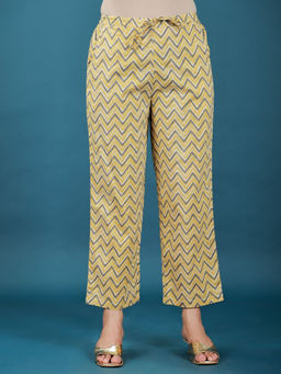 ARAMYA - Yellow Soft Cotton Geometric Women Pant