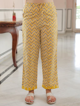 ARAMYA - Yellow Soft Cotton Women Geometric Pant