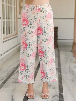 ARAMYA - Women White Lurex Cotton Floral Pant