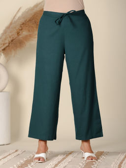 ARAMYA - Women Green Linen Cotton Solid Palazzo