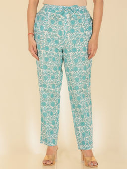 ARAMYA - Turquoise Soft Cotton Women Floral Pant