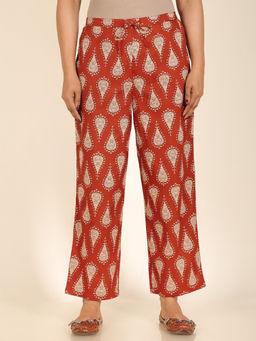 ARAMYA - Women Orange Soft Cotton Floral Pant
