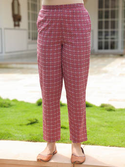 ARAMYA - Pink Soft Cotton Women Geometric Pant