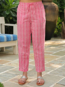 ARAMYA - Women Pink Soft Cotton Striped Pant