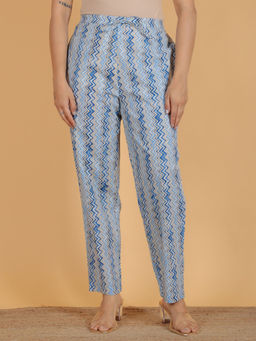ARAMYA - Women Blue Soft Cotton Geometric Pant