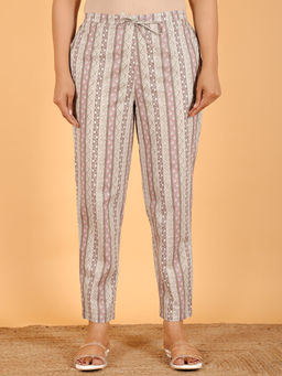 ARAMYA - Women Pink Soft Cotton Striped Pant