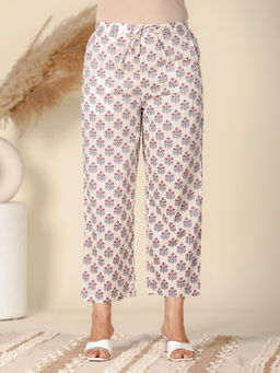 ARAMYA - Women White Soft Cotton Floral Pant