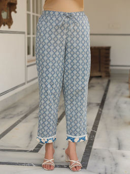 ARAMYA - Women Blue Soft Cotton Geometric Pant