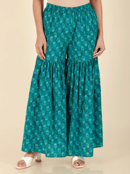 ARAMYA - Women Turquoise Soft Cotton Floral Sharara