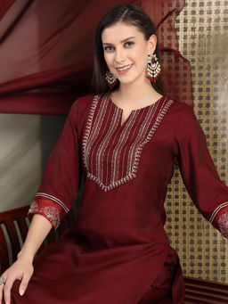 Nayam by lakshita - Women's Maroon Embroidered Kurta with Pant and Dupatta (Set of 3)