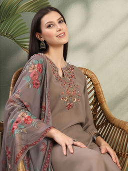 Nayam by lakshita - Light Brown Floral Embroidered Kurta with Pant and Dupatta (Set of 3)