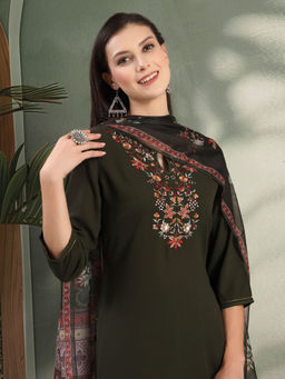 Nayam by lakshita - Dark Olive Floral Embroidered Kurta with Pant and Dupatta (Set of 3)