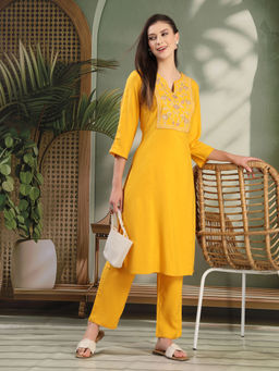 Nayam by lakshita - Women Yellow Viscose Rayon Solid Kurta with Palazzo (Set of 2)