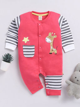 Hopscotch - Boys Pink Animal Embroidered Full-Sleeve Romper