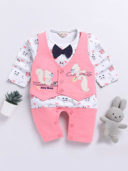 Hopscotch - Boys Teddy Bear Print Squirrel Embroidered Full-Sleeve Cotton Romper