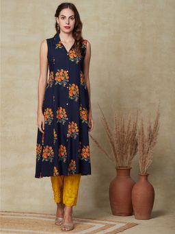 FASHOR - Floral Printed Paneled A-line Kurta - Navy Blue