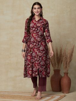 FASHOR - Printed Embroidered Kurta - Maroon And Magenta