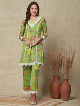 FASHOR - Printed Embellished Kurta With Palazzo Pant - Green (Set of 2)