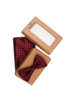 The Tie Hub - Maroon And Yellow Mini Polka Bow Tie For Men And Pocket Square Gift