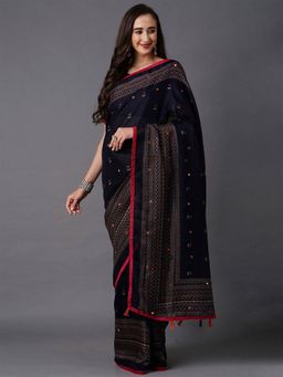 Odette - Navy Blue Festive Jute Silk Printed Saree with Unstitched Blouse