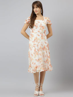 Latin Quarters - Women White Square Neck Short Sleeves A-Line Midi Dress