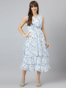 Latin Quarters - Women White & Blue V-Neck Sleeveless A-Line Midi Dress