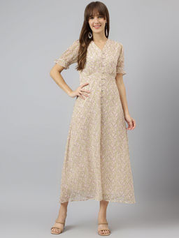 Latin Quarters - Women Beige V-Neck Short Sleeves Fit & Flare Midi Dress
