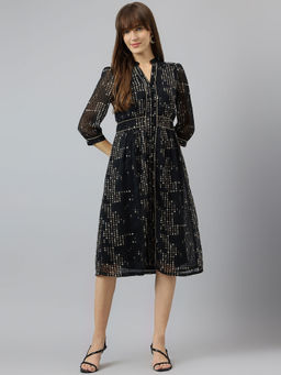 Latin Quarters - Women Black Mandarin Collar Three-Quarter Sleeves A-Line Midi Dress