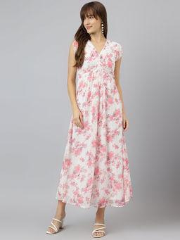 Latin Quarters - Women White V-Neck Flared Sleeves A-Line Midi Dress