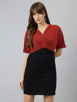 Latin Quarters - Women Rust & Black V-Neck Short Sleeves Bodycon Mini Dress