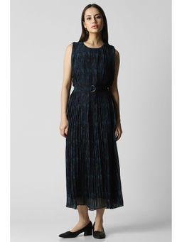 Van Heusen - Women Blue Printed Party Midi Dress with Belt (Set of 2)