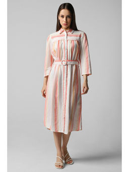 Van Heusen - Women Peach & White Stripe Casual Midi Dress with Belt (Set of 2)