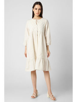 Van Heusen - Women Cream Self Design Casual Knee Length Dress