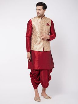 Vastramay - Mens Gold & Maroon Silk Blend Jacket, Kurta with Dhoti (Set of 3)