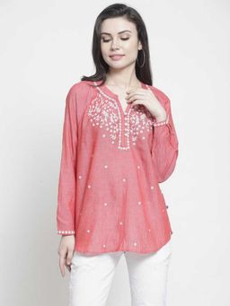 Mukul - Red Embroidered Cotton Kurta