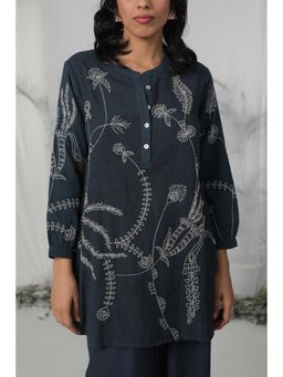 Mukul - Navy Blue Embroidered Cotton Kurta
