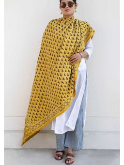 NILAM INDIA - Leher Ajrakh Modal Satin Yellow Dupatta