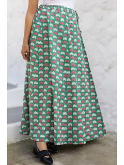 NILAM INDIA - Bella Hand Block Printed Green Lotus Skirt