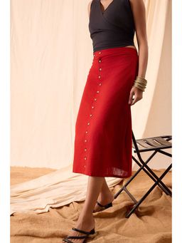 NILAM INDIA - Bella Red Midi Hand Dyed Button Down Skirt (XS)