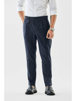 Snitch - Navy Blue Self-Design Slim Formal Trouser