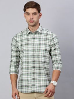 Classic Polo - Mens Full Sleeves Green Slim Fit Checked Casual Shirt