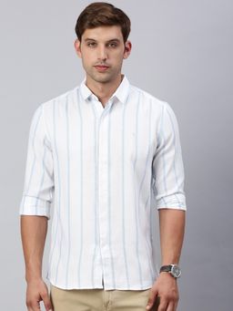 Classic Polo - Mens Full Sleeves Blue and White Slim Fit Striped Casual Shirt