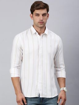 Classic Polo - Mens Full Sleeves Beige and White Slim Fit Striped Casual Shirt