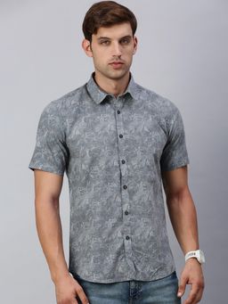 Classic Polo - Mens Half Sleeves Dark Grey Slim Fit Printed Casual Shirt