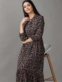 SHOWOFF - Womens V-Neck Maxi Navy Blue Tropical Dress